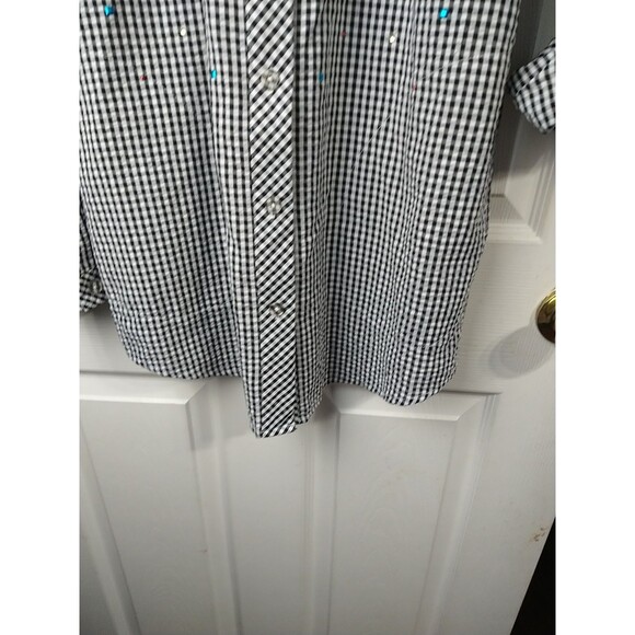 Quacker Factory Woman XXS Shirt Black White Checked Rhinestone Seer Sucker Long - Picture 6 of 9